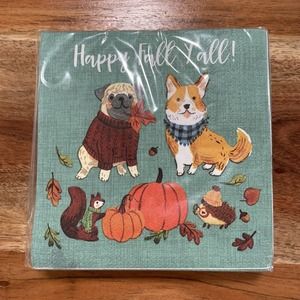 HAPPY FALL Y’ALL 40CT. Beverage Napkins Dog Puppy Clementine CORGI PUG Pumpkin